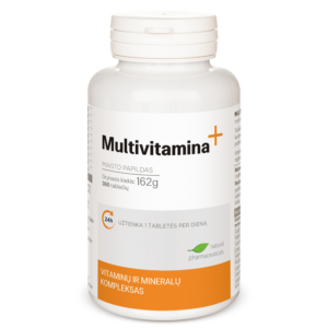 Multivitaminų papildų pakuotė, metinis 360 tablečių atsargos.