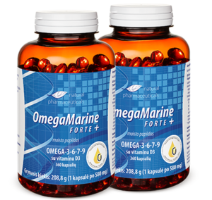 Du buteliukai OmegaMarine Forte+ maisto papildų kapsulių su omega 3-6-7-9 riebiosiomis rūgštimis ir vitaminu D3.
