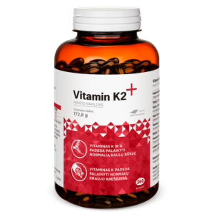 Vitaminas K2 maisto papildas kapsulėse, padedantis palaikyti kaulų būklę ir normalų kraujo krešėjimą.