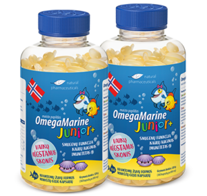 OmegaMarine Junior+ maisto papildas vaikams su omega-3, skatina smegenų funkciją ir imunitetą.