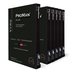 ProMan Plus maisto papildas vyrams, palaikantis testosterono lygį, energiją ir jėgą, metinis 360 kapsulių paketas.