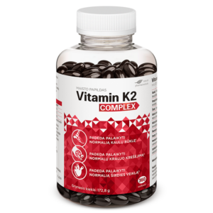 Vitaminas K2 COMPLEX papildas kapsulėse, palaikantis kaulų, kraujo krešėjimo ir širdies funkcijas.