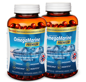 OmegaMarine Premium maisto papildas su omega-3 ir vitaminais širdžiai, smegenims, regėjimui ir imuninei sistemai.