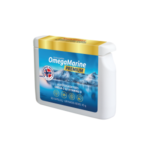 OmegaMarine Premium maisto papildas – aukštos kokybės Omega-3 su vitaminu D, 60 kapsulių pakuotėje.
