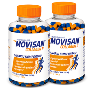 Dvi pakuotės Movisan Collagen II maisto papildo su natūraliu II tipo kolagenu.