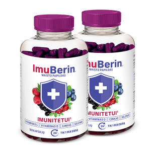 ImuBerin maisto papildas imuninei sistemai stiprinti su vitaminais C, D, cinku ir selenų kapsulėse.