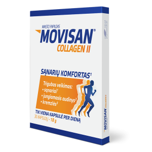 Maisto papildas Movisan Collagen II skirtas sąnarių, jungiamojo audinio ir kremzlių komfortui, 30 kapsulių.